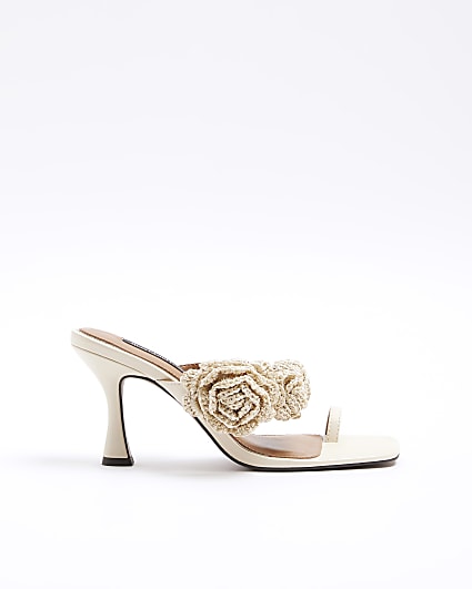 Cream crochet flower strap heeled sandals