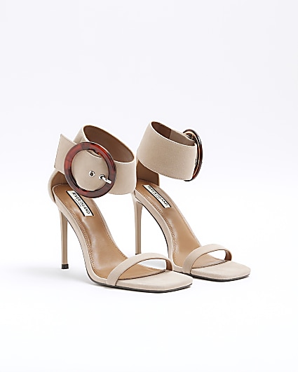 Stone suede buckle strap heeled sandals