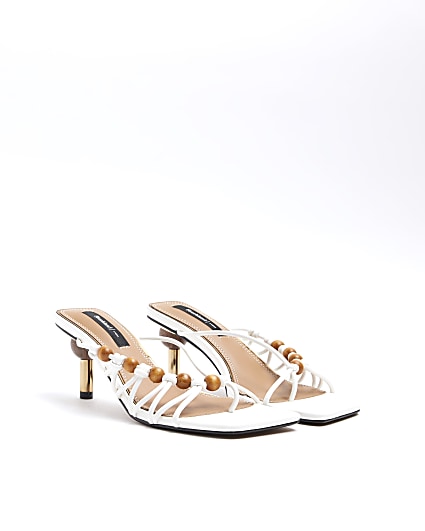 White beaded strappy mule heeled sandals
