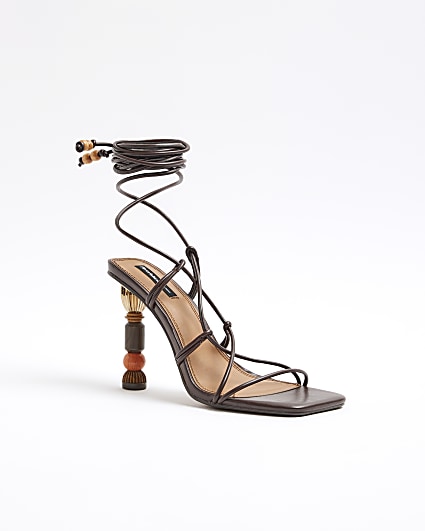 Brown beaded heel lace up sandals