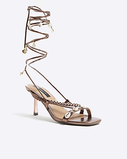 Bronze Shell Detail Lace Up Heeled Sandals