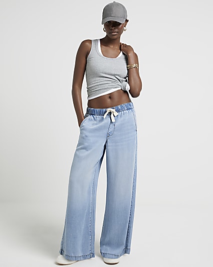 Blue mid rise drawstring wide leg jeans