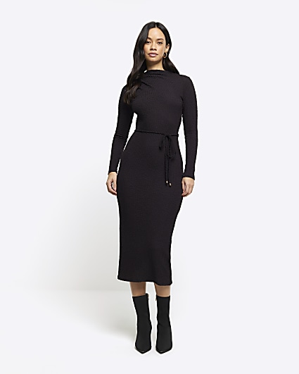 Black textured belted bodycon midi dress