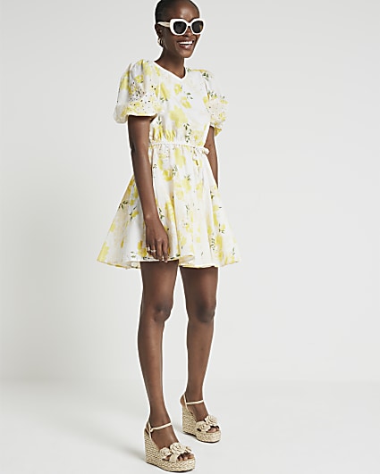 Yellow Mini Shift Dress - Swing Babydoll Mini Dress - Floral