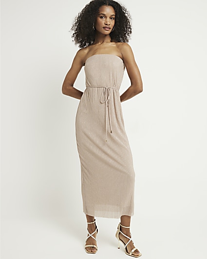 Cream Ruched Textured Backless Bandeau Shift Dress