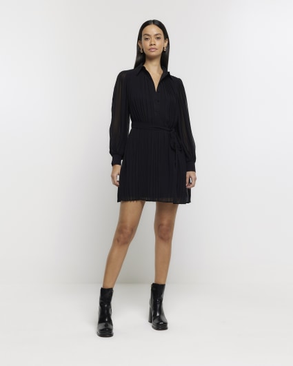 Black plisse tie waist mini shirt dress