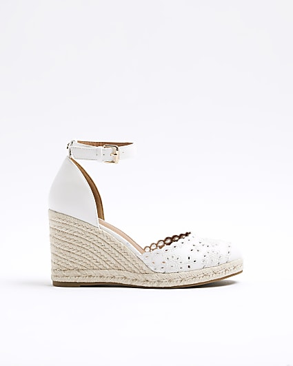 White cut out floral espadrille wedge sandals