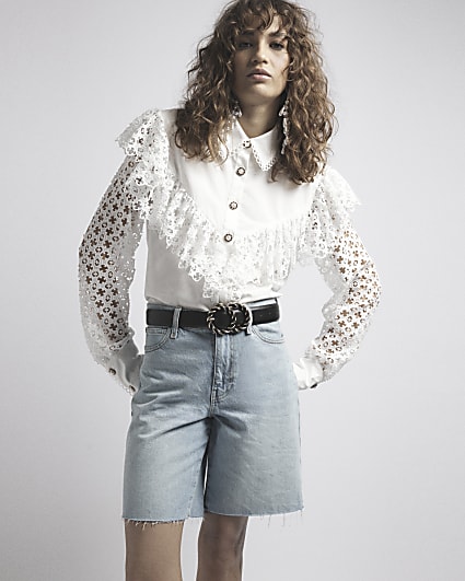 White frill cut out sleeve shirt