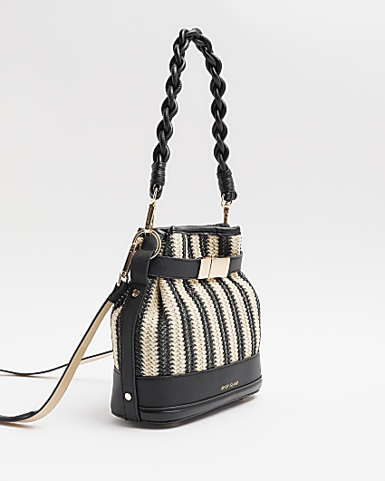 Black stripe Raffia Weave Bucket Bag