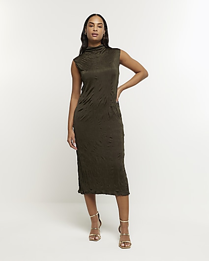 Khaki crinkle high neck bodycon midi dress