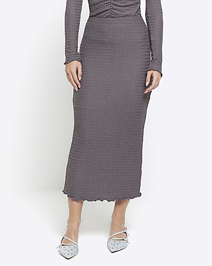 Petite grey textured midi skirt