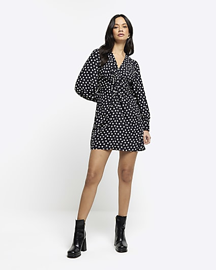 River Island satin jacquard tie waist mini shirt dress in black