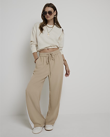 Beige side stripe wide leg joggers