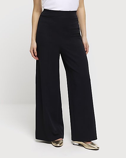 Petite black stitched wide leg trousers