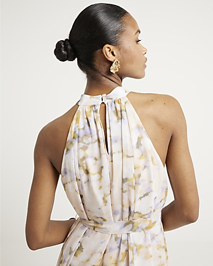 White abstract halter neck shift midi dress