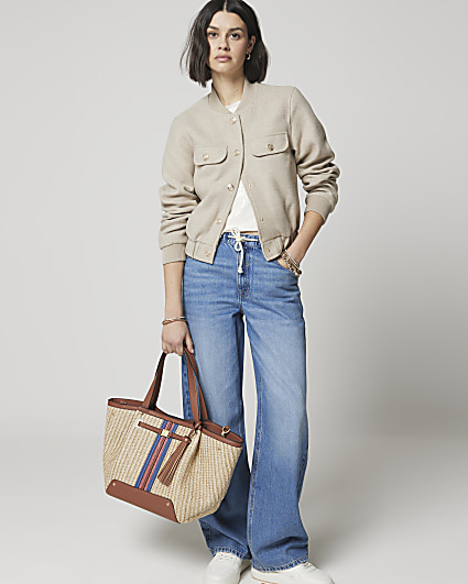 Beige straw winged tote bag