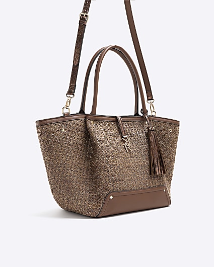 Brown raffia large tote bag