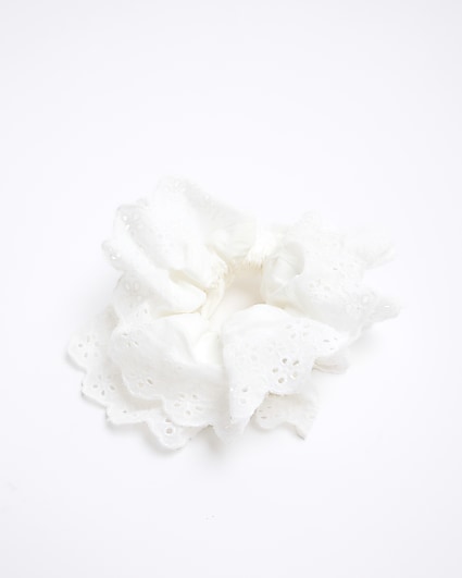 White Embroidered Hair Scrunchie