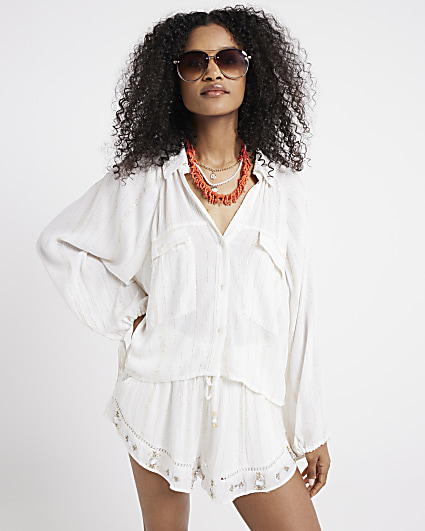 Cream glitter tie cuff beach shirt