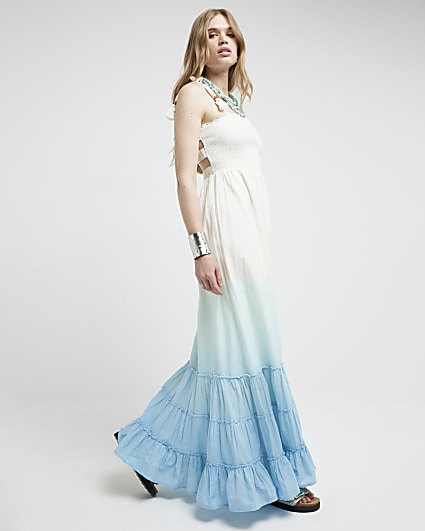 Blue ombre shirred beach maxi dress