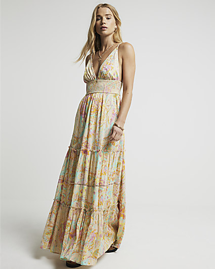 Pink paisley plunge beach maxi dress