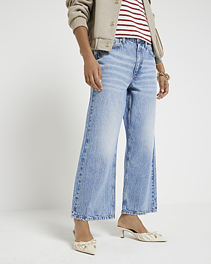 Petite blue cropped relaxed straight jeans