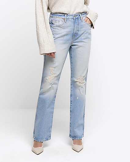 Petite blue ripped stove pipe straight jeans
