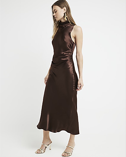 Brown satin halter cowl neck midi dress