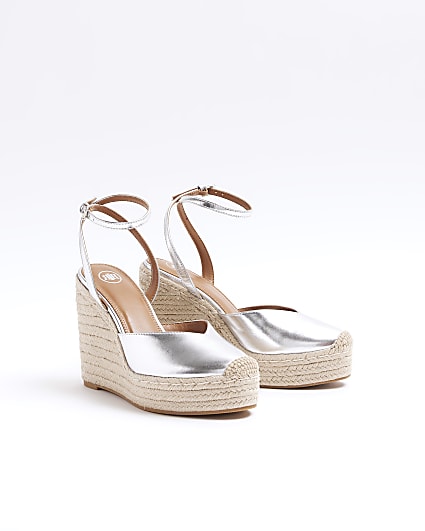 Silver espadrille heeled wedge sandals