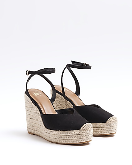 Black espadrille heeled wedge sandals