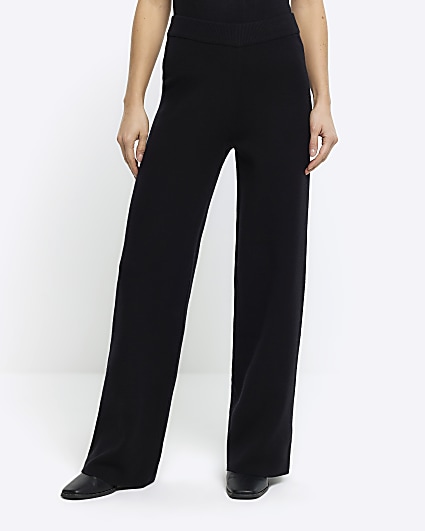 Black rib wide leg trousers