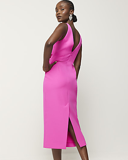 Pink ruched open back bodycon midi dress