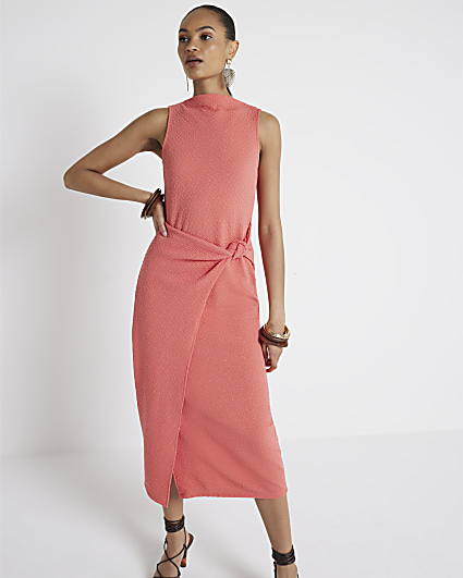 Coral Textured wrap Jersey Midi dress