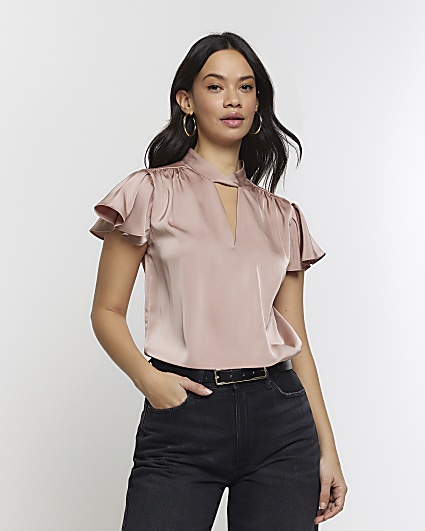 Pink satin frill sleeve blouse