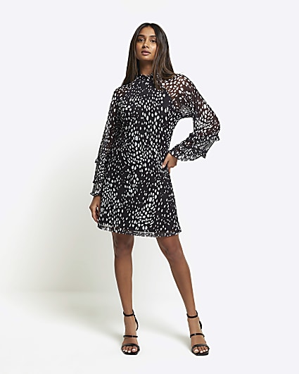 Black spot mesh sleeve swing mini dress