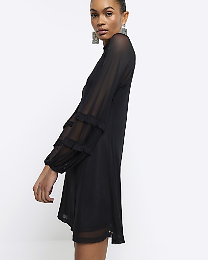 Black mesh sleeve swing mini dress
