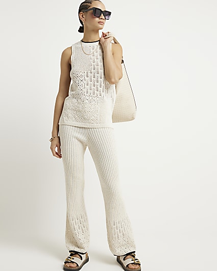 White crochet stitch detail knit top
