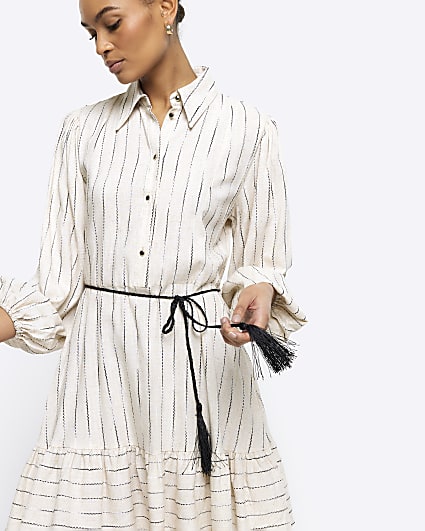 Beige stripe belted mini shirt dress