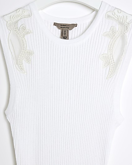 White ribbed embroidered bodycon midi dress