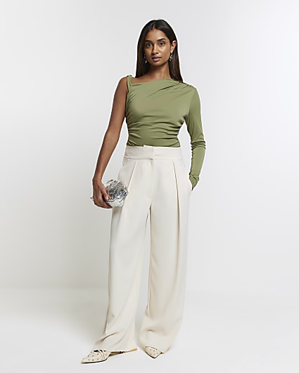 ASOS DESIGN low rise flare pants with strap detail and ruched