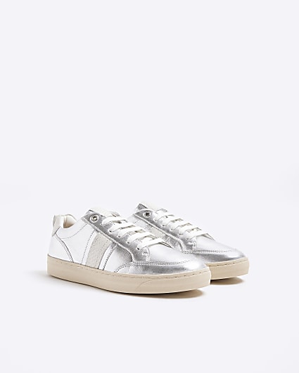 Silver leather lace up trainers