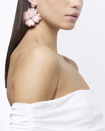 Pink beaded flower drop earrings
