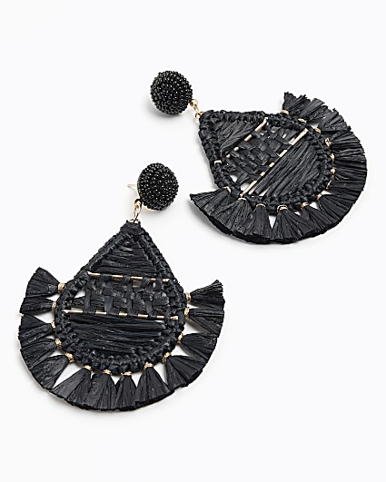 Black Raffia Tassel Drop Earrings