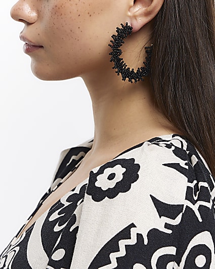 Black Beaded Hoop Earrings