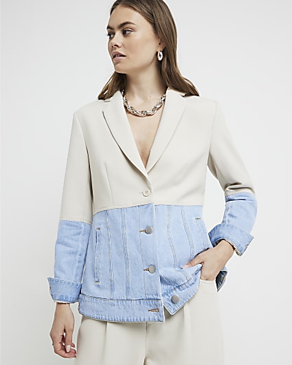 River Island co-ord soft jacquard tie waist blazer in turquoise