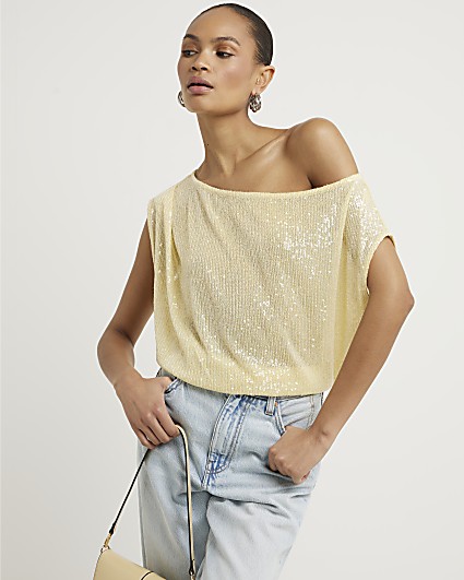 Yellow sequin off shoulder top