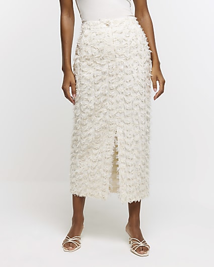 Cream textured pencil midi skirt