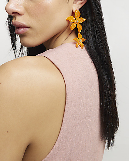 Orange Flower Drop Earrings