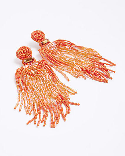 Orange Beaded Tassel Drop Earrings