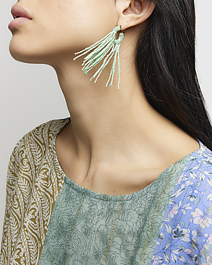 Green Beaded Tassel Drop Earrings
